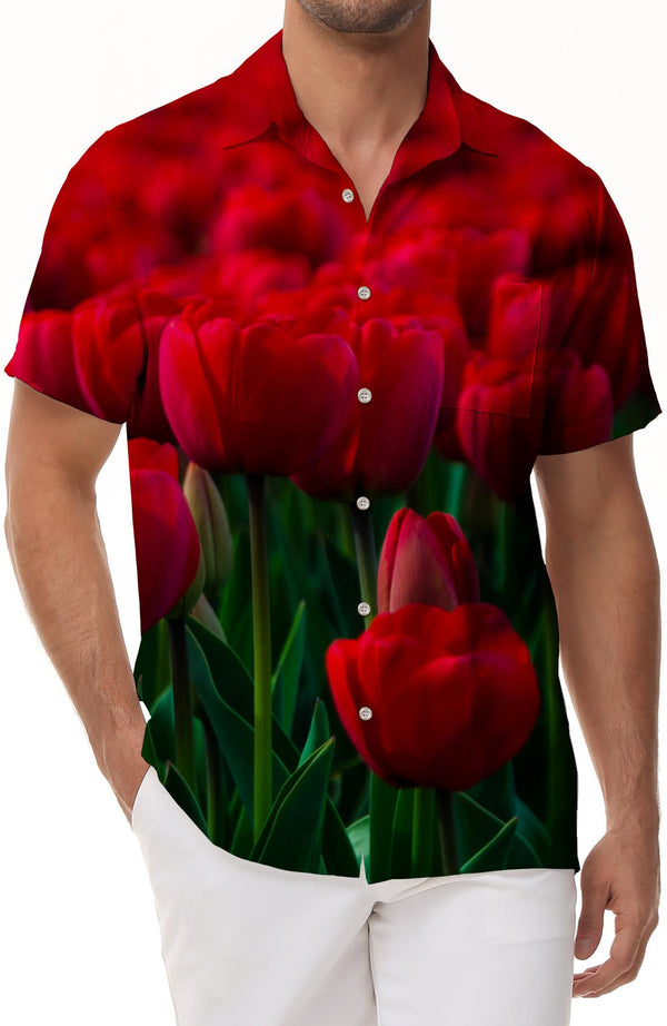 Red tulip flower print pattern tropical fashion Hawaiian men's button down lapel short sleeve button casual summer beach shirt