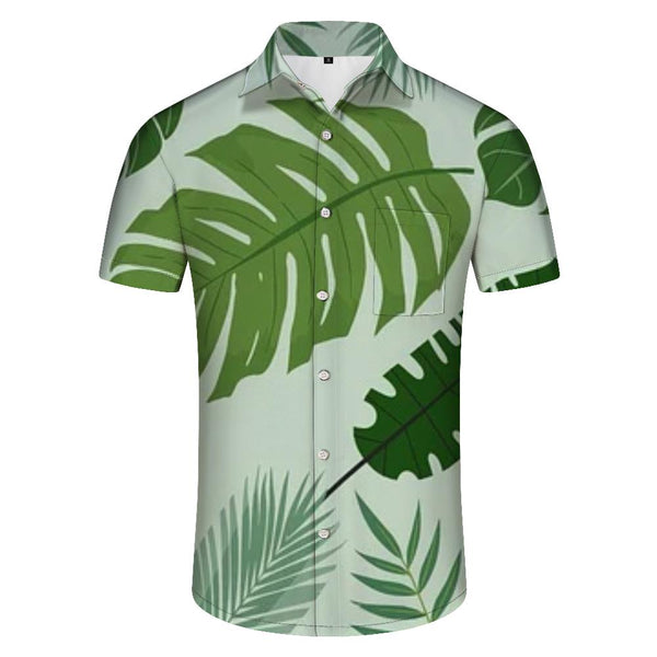 
Green tropical leaves print men's casual short sleeve lapel button-down summer beach button-down shirt tops for vacation at the seaside
                