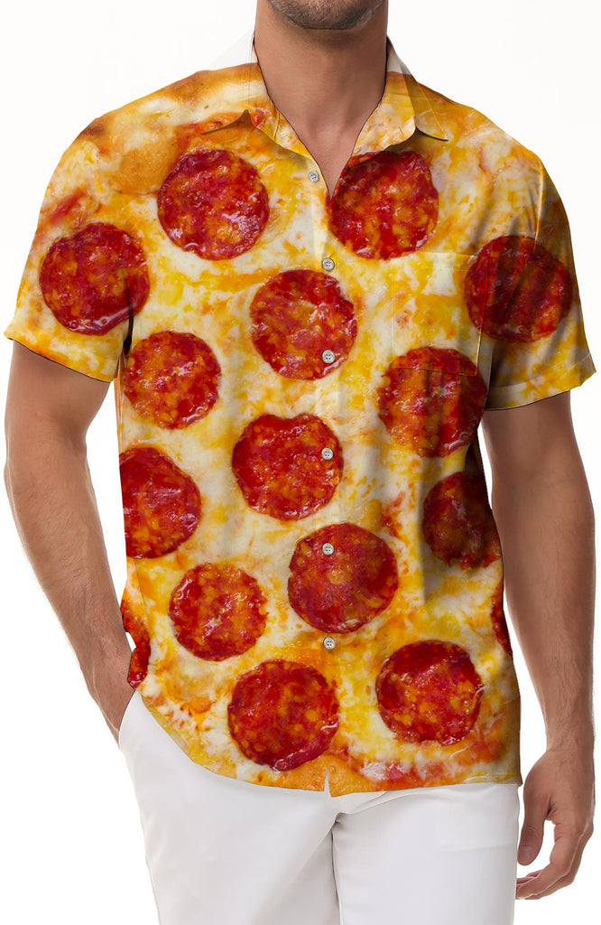 Pepperoni Pizza with Tomato Men's Shirt Printed Pattern Short Sleeves Regular Fit Casual Lapel Pocket Short Sleeve