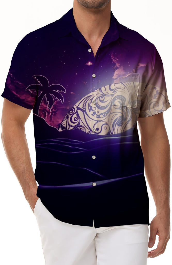 Cartoon Pattern Summer Men's Woven Outdoor Shirt Purple Coconut Short Sleeve Hawaiian Men's Button Beach Vacation