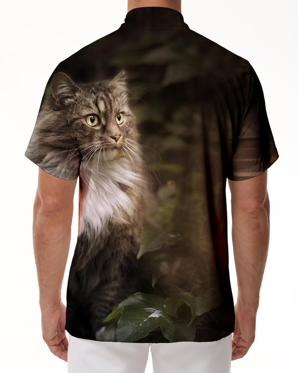 
Forest longhair cat animal casual men's loose button-down lapel tropical Hawaiian style short sleeve
                