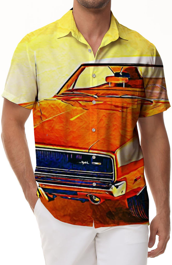 90s car four seasons Hawaiian button lapel men's daily style shirt short sleeve summer casual fashion beach