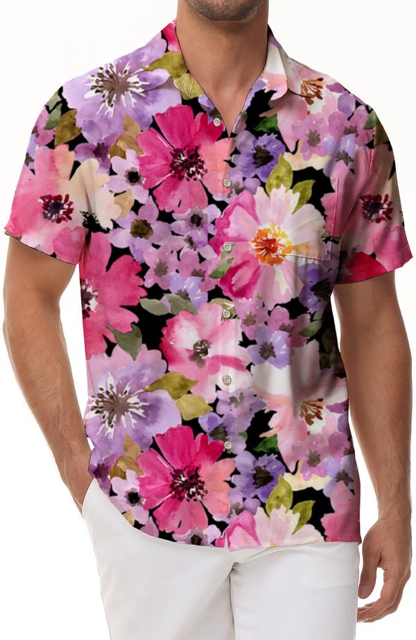 Colorful Natural Floral Print Men's Polyester Fashion Short Sleeve Button Shirt Vacation Hawaiian Shirt