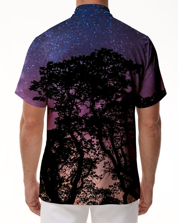 
Fashionable Hawaiian Starry Night Sky Forest Pattern Shirt Button-down Holiday Casual Short Sleeve Men's Loose Beach Vacation Shirt
                