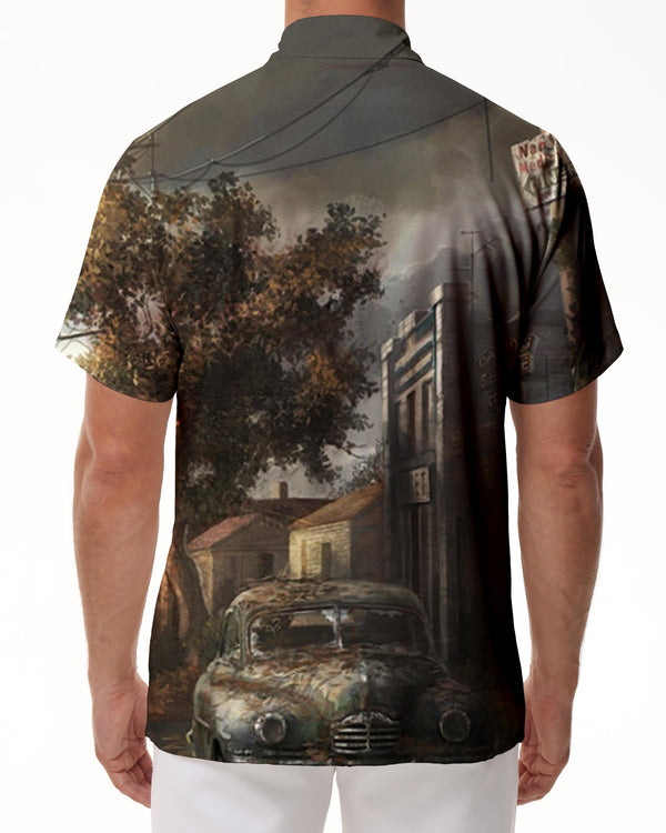 
New retro style men's loose short-sleeved button-down shirt, last century car print shirt, daily wear, comfortable street shirt popular
                