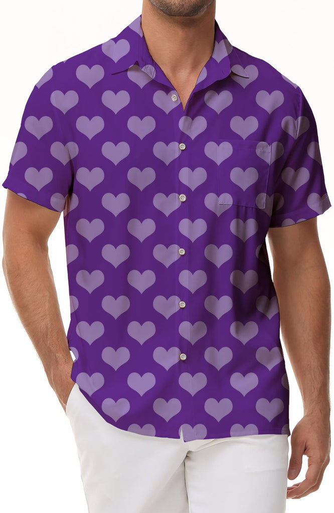 Purple Love Heart Button Lapel Summer Four Seasons Short Sleeve Men's Polyester Shirt Sleeve Button Casual Shirt Holiday Top Loose