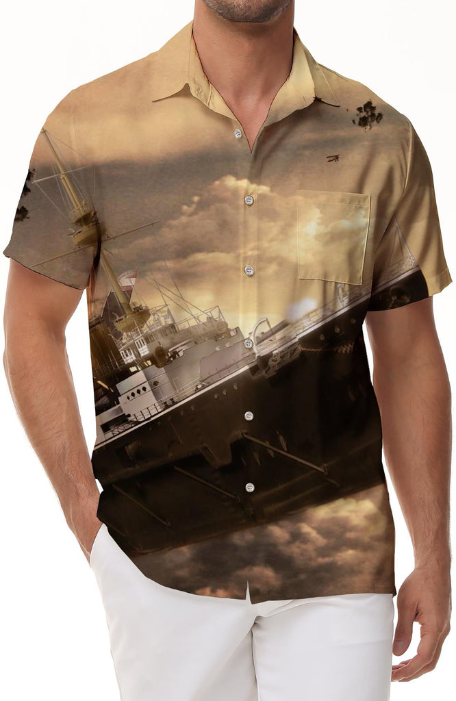 Dream sky floating cruise ship men's loose casual short-sleeved shirt summer beach button casual top