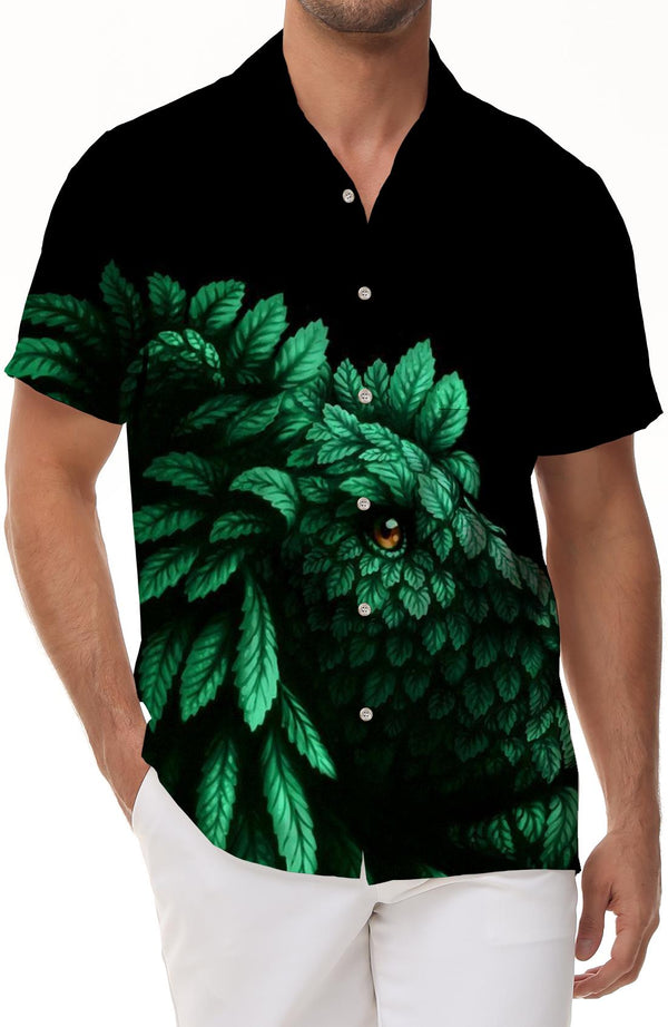 Leaf Monster Personalized Black Digital Printing Men's Four Seasons Pattern Fashion Loose Casual Travel Lapel Short Sleeve Shirt Polyester