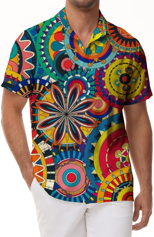 Ethnic Retro Pattern Floral Print Hawaiian Shirt Men Loose 100% Polyester Fabric Breathable Fashion