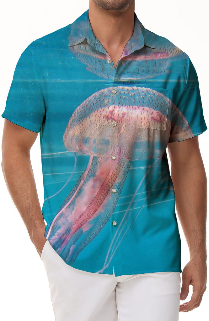 Jellyfish pink loose casual daily travel vacation men's Hawaiian beach shirt art jellyfish pattern short sleeve button short sleeve