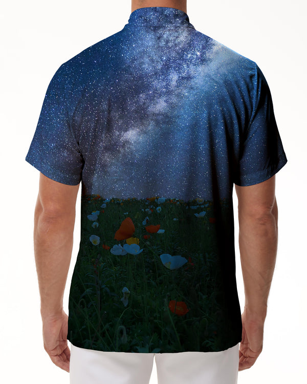 
Galaxy Flower Sea Short Sleeve Shirt Fashion Hawaiian Tropical Digital Print Lapel Pocket Button Beach Seaside Top
                