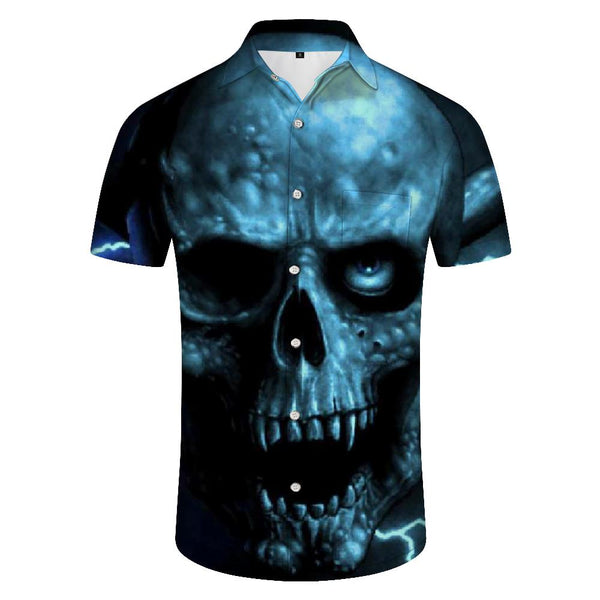 
Blue Skull Print Hawaiian Button Down Lapel Shirt Beach Short Sleeve Loose Men's Button Shirt Casual
                