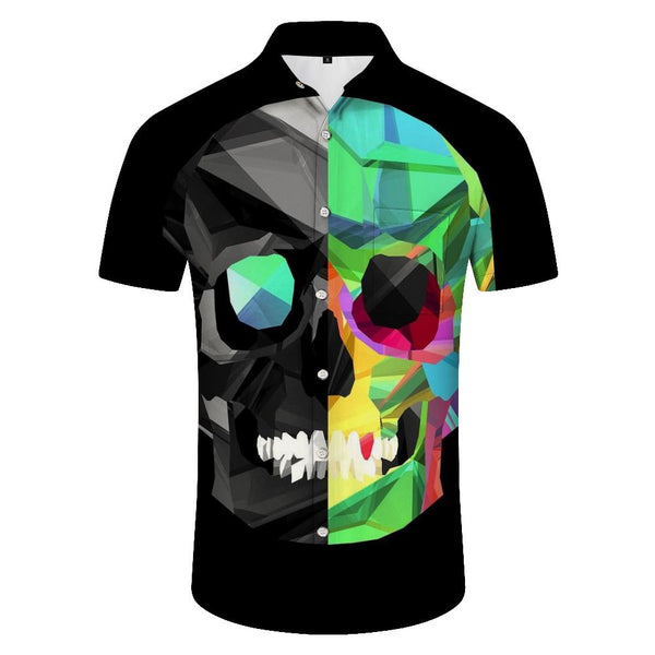 Men's Casual Short Sleeve Green Skull Shirt Print Clothes Loose Lapel Summer Tops Short Sleeve