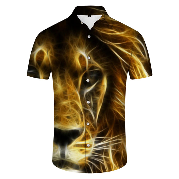 
Lion Print Short Sleeve Hawaiian Shirt Gold Candle Flame Super Cool Pattern Stand Collar Shirt Casual Men's Shirt
                