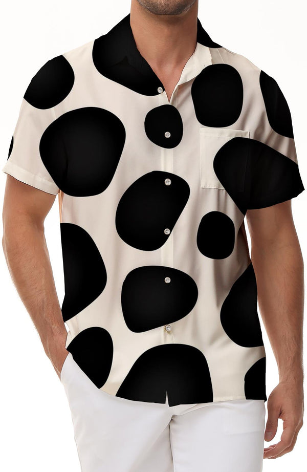 Black and white fun fashion men's casual lapel pockets tropical Hawaiian button-down shirt short sleeves beach party