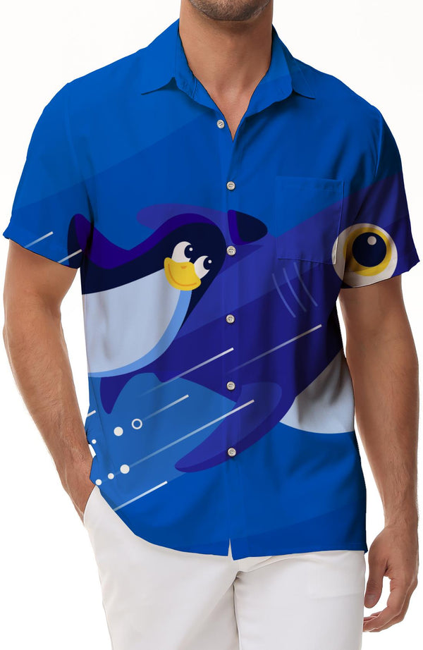Cartoon Penguin Water Men's Hawaiian Shirt Women's Hawaiian Button Shirt Landscape Tropical Beach Blue