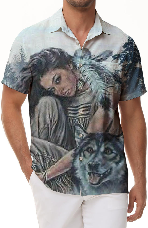 European and American Animal Wolf Print Pattern Men's Summer Animal Wolf Print Shirt Men's Clothing Short Sleeve Button Top Men's