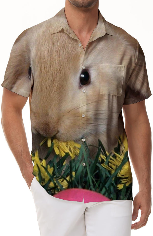 
Cute rabbit print fashion shirt tops Easter men's Hawaiian button lapel vacation travel seaside beach short sleeves
                