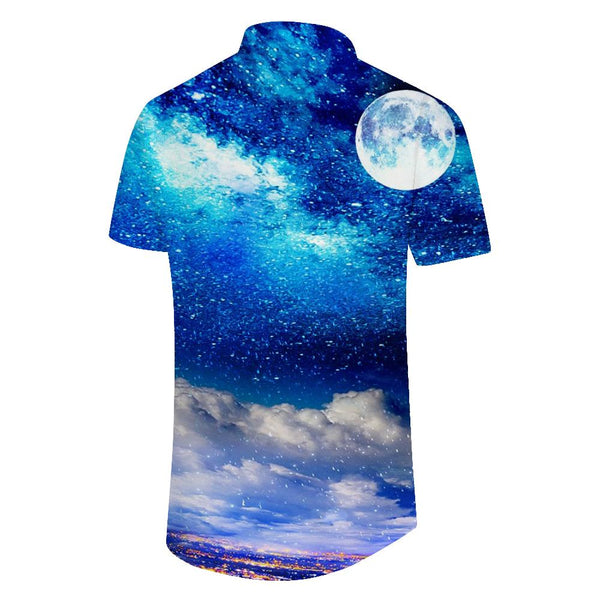 
Blue night scenery men's casual short-sleeved four seasons lapel 3D printed shirt fashion tops shirt short sleeves
                