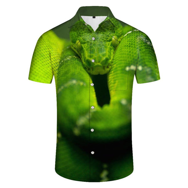 
Green snake fashion animal 3D digital printing men's casual loose creative personality leisure Hawaiian button loose short sleeve lining trendy street style short sleeve
                