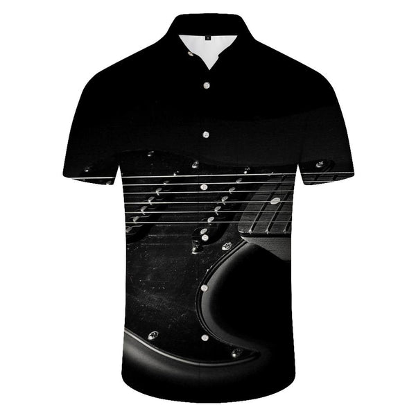 
Black electric guitar print Hawaiian shirt casual men's loose outdoor short-sleeved summer beach casual short-sleeved button shirt
                