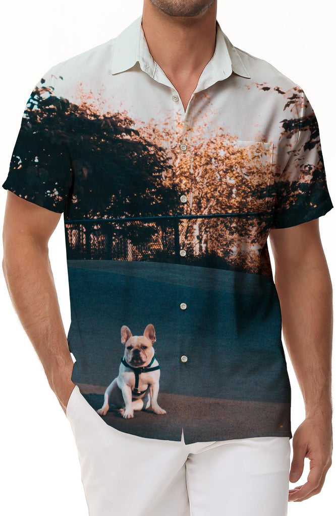Cute French Bulldog Men's Short Sleeve Button Summer Beach Hawaiian Shirt