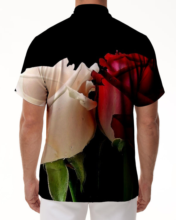 
White and red roses, black casual loose daily travel short-sleeved shirt men's short-sleeved shirt beach seaside vacation
                