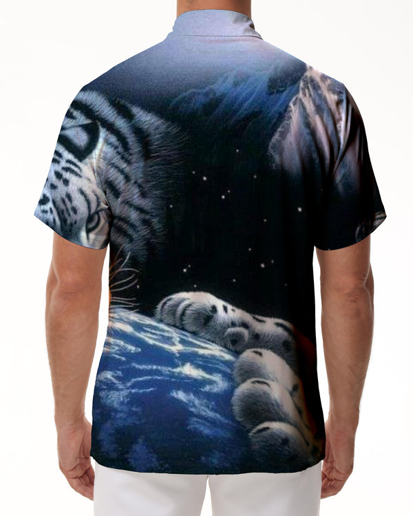
White Tiger Family Full Moon Men's Short Sleeve Shirt Casual Button Summer Beach Shirt Classic Fit Tops
                