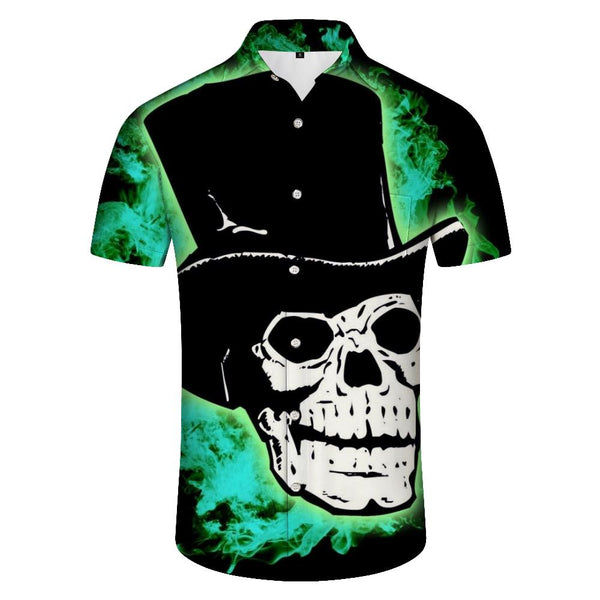 
Men's Casual Short Sleeve Green Skull Shirt Print Clothes Loose Lapel Summer Tops
                