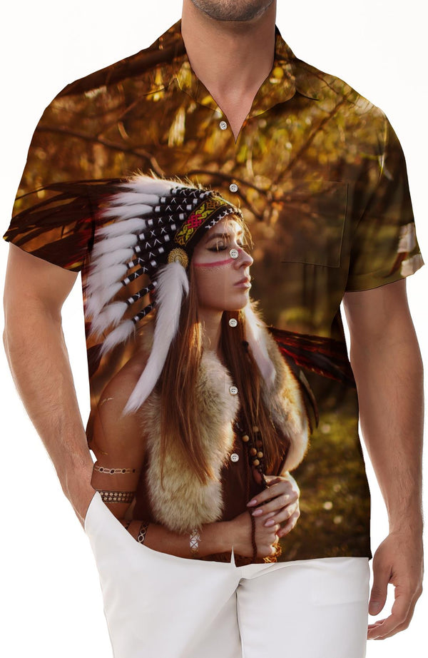 Native American The Old Chief Mens Cuban Collar Shirt Casual Button Down Shirt Short Sleeve Vacation Beach