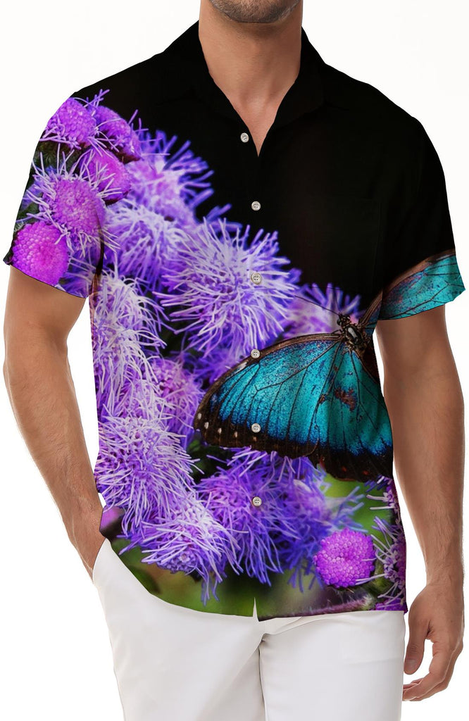 Cute Purple Flowers and Colorful Butterflies Casual Men's Shirt Breathable Short Sleeve Fashion Design