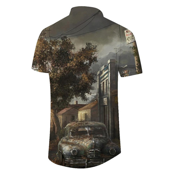 
New retro style men's loose short-sleeved button-down shirt, last century car print shirt, daily wear, comfortable street shirt popular
                