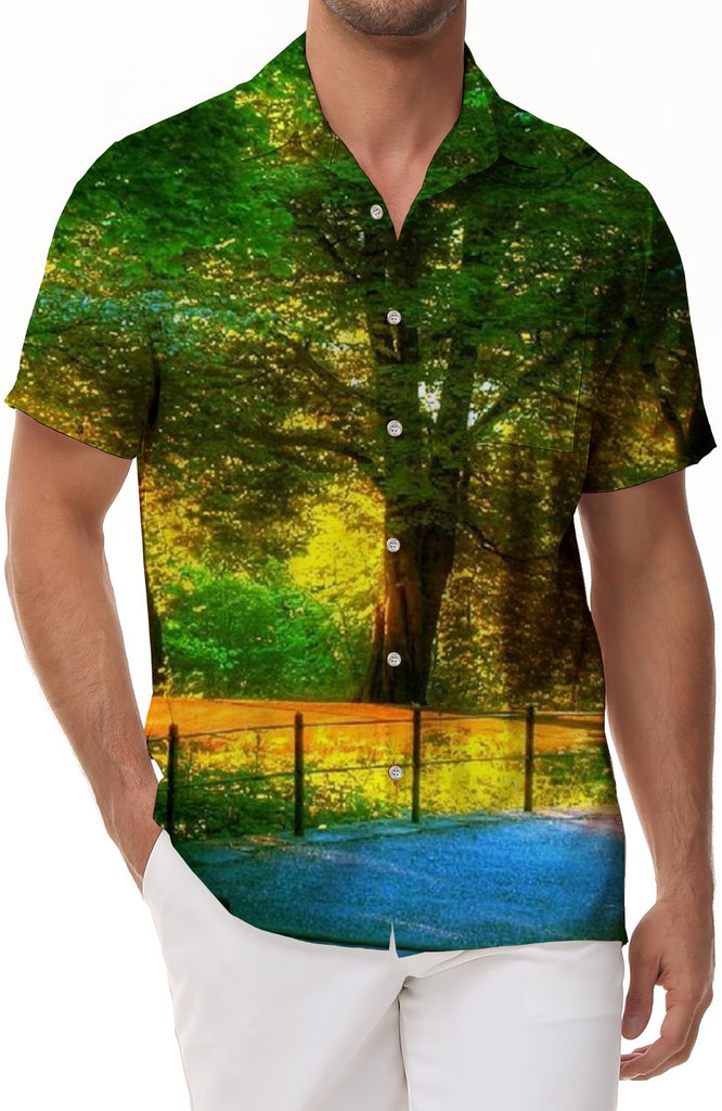 Colorful natural scenery men's casual loose short sleeve button-down lapel tropical Hawaiian fashion short sleeve shirt