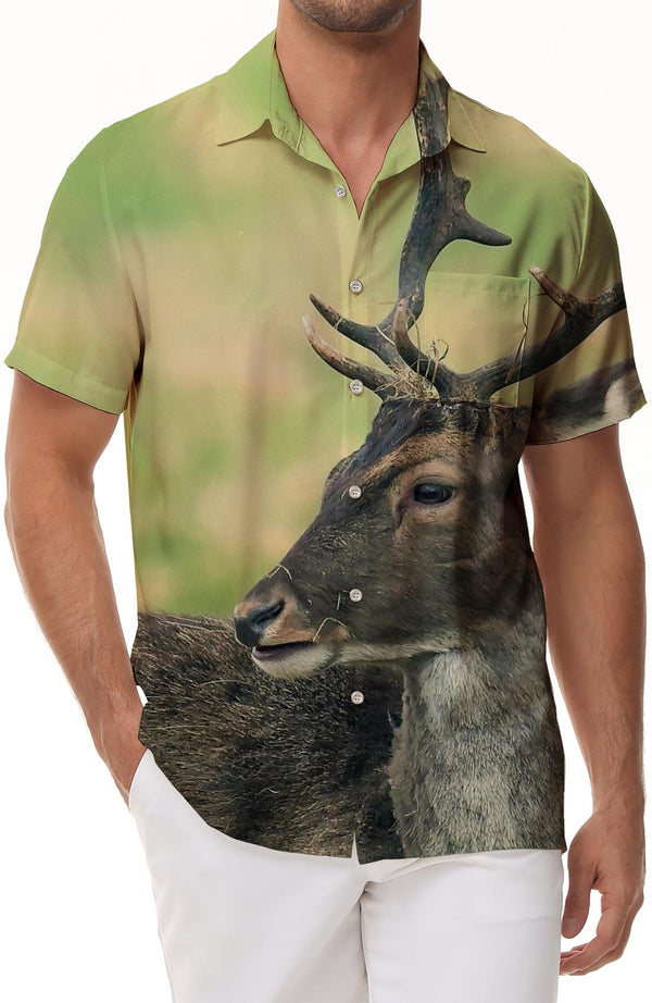 Brown Deer Buck Scottish Wild Mens Hawaiian Shirt Short Sleeve Lapel Button Fashion Shirt Beachwear