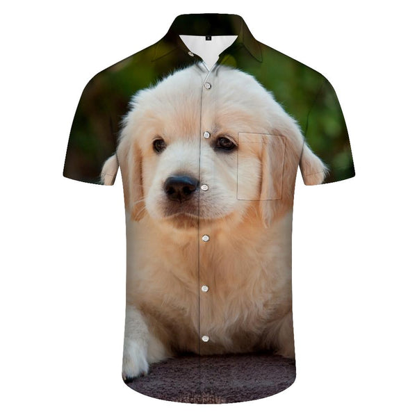 
Golden Retriever Puppy 3D Digital Print Pattern Tropical Hawaiian Retro Style Men's Loose Casual Button Lapel Summer Beach Shirt
                