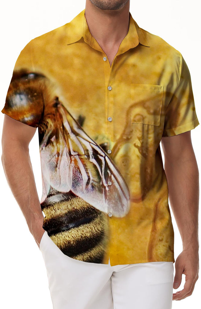 Bee Print Men's Casual Short Sleeve Button Shirt Tops Beach Shirt Comfortable and Stylish