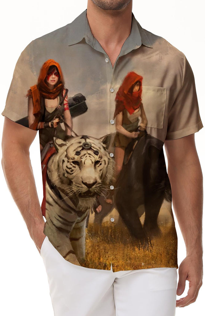 Green Forests Tiger Summer Casual Short Sleeve Tops Men Shirt Button Down Formal Shirts for Office Travel Beach Sand Party