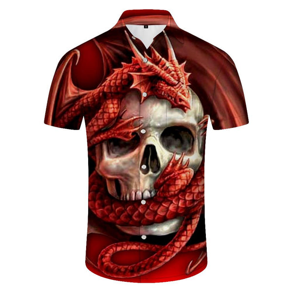
Red dragon wrapped skull cool rap short-sleeved shirt men's casual style Hawaiian lapel button pocket short-sleeved shirt comfortable and breathable
                