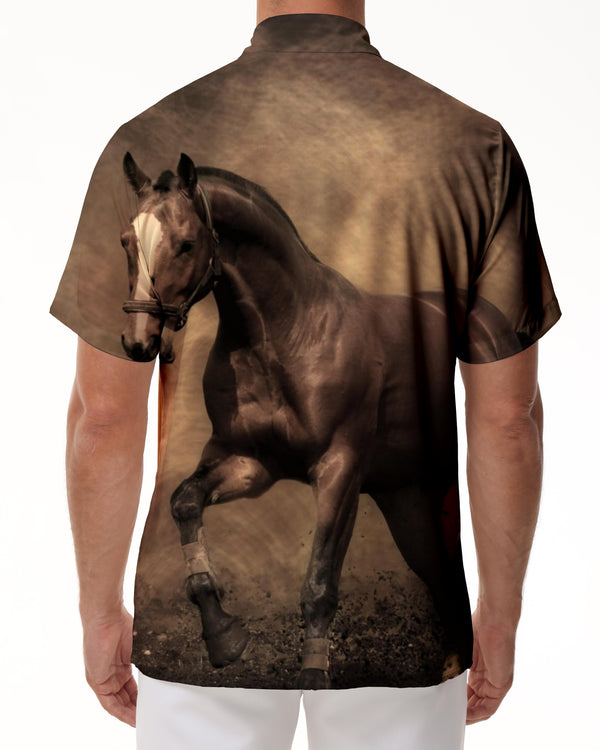 
Tall and galloping brown Mustang daily street casual short-sleeved seaside play top tropical button-down lapel pocket men's casual loose
                