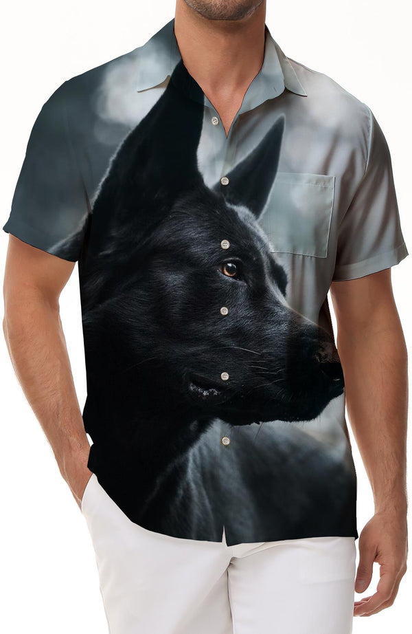 Mens Black German Shepherd Shirt Short Sleeve Button Down Hawaiian Shirt Casual Work Shirt Short Sleeve