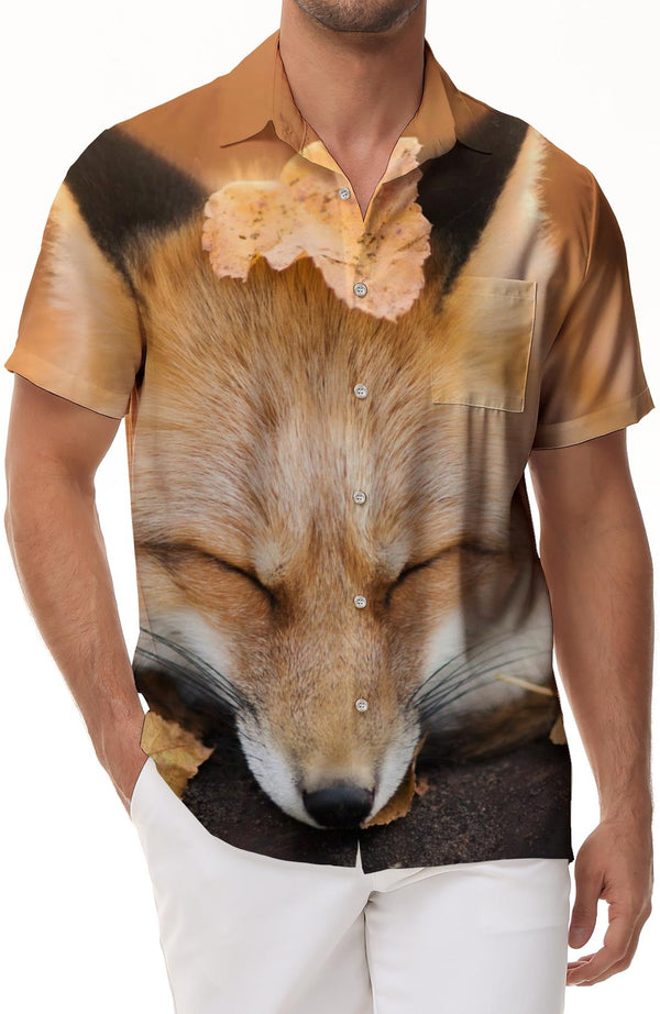 Men's Hawaiian Shirt Fashion Button-Up Beach Shirt Short Sleeve Summer Casual Shirt Loose Fit Cute Animal Fox