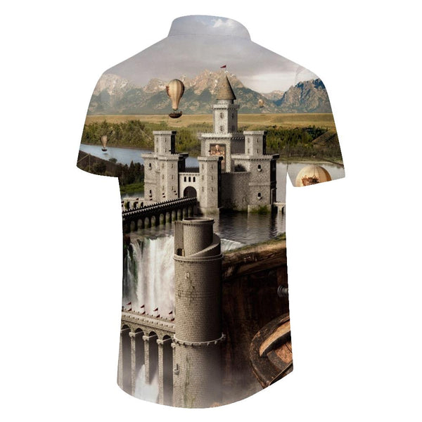 
European retro castle men's casual loose short-sleeved tropical Hawaiian pocket lapel button four seasons summer daily street walk
                