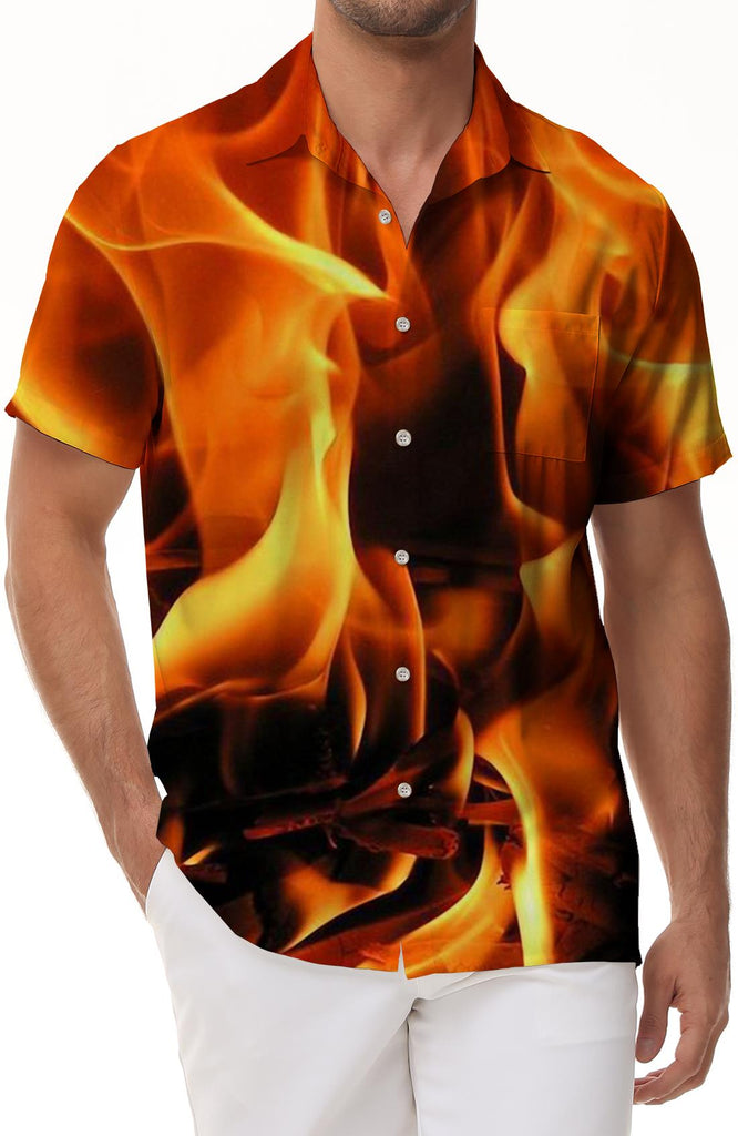 Fashionable and colorful design, masculine flame print shirt, men's casual short sleeve Hawaiian button down