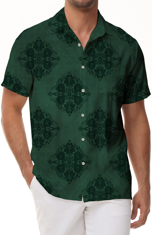 Vintage Green Pattern Style Hawaiian Short Sleeve Shirt with Pockets Men's Casual Button Shirt Beach Wear