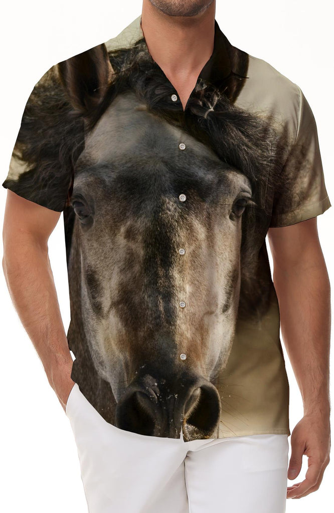 Abstract button-down shirt horse long mane running galloping snow men's Hawaiian shirt short sleeve beach vacation travel