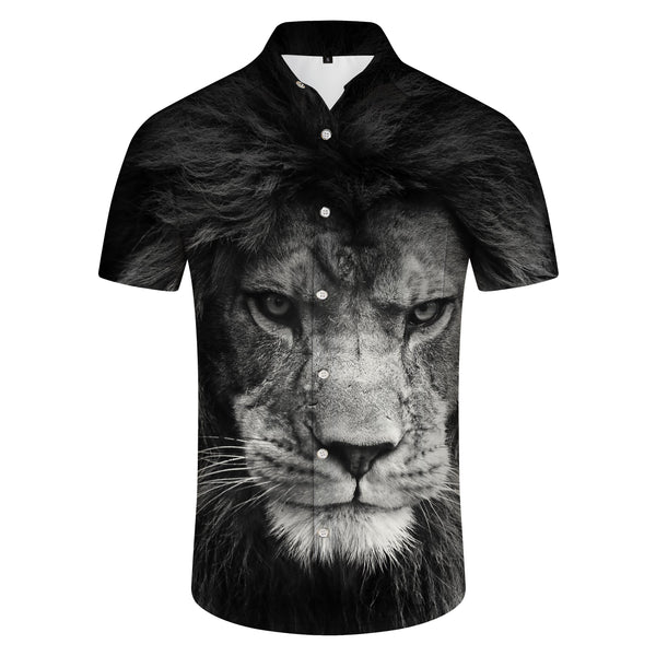 
Domineering African lion black and white Hawaiian shirt Men's casual short-sleeved fashionable lapel button beach top
                