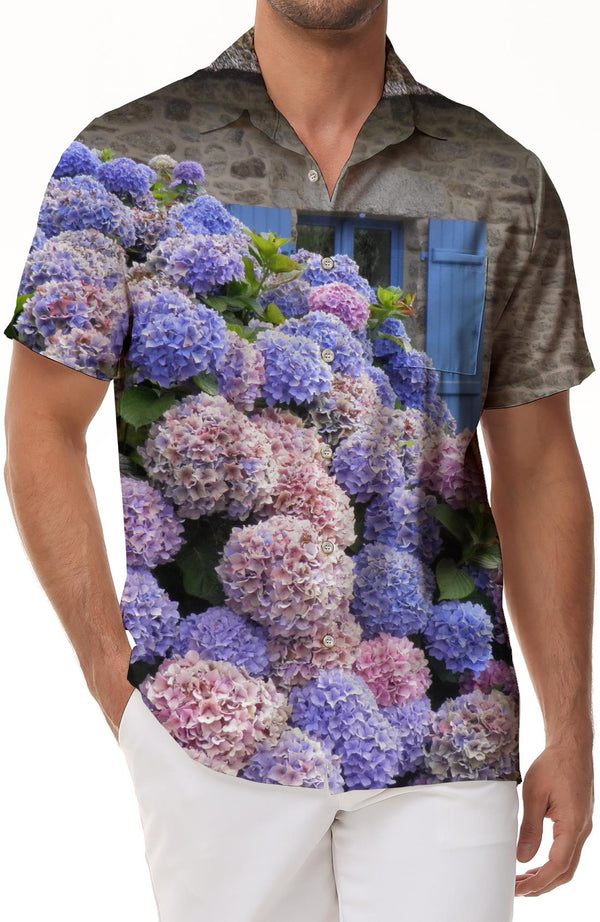 Blue hydrangea fun fashion four seasons tropical short-sleeved shirt men's casual daily travel shirt short-sleeved fashion trend Hawaii