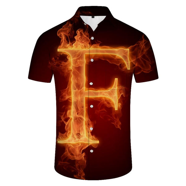 
F flame English letter men's casual loose short-sleeved Hawaiian button lapel pocket short-sleeved shirt daily clothing short-sleeved shirt
                