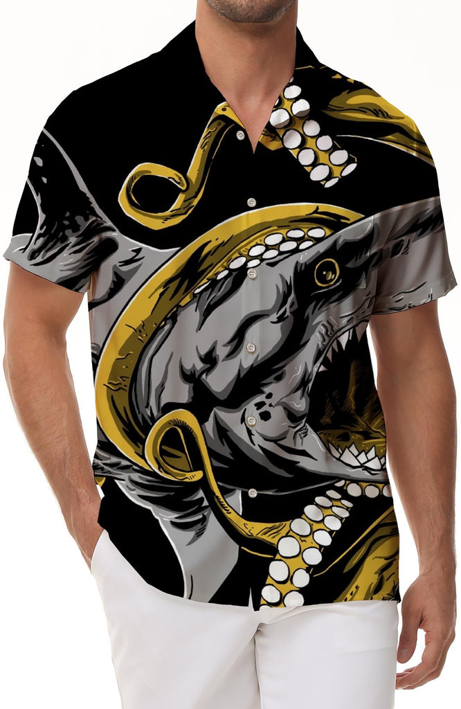 Novelty Black Cool Shark Print Mens Hawaiian Shirt Short Sleeve Casual Button Shirt Summer Beach Shirt Vintage