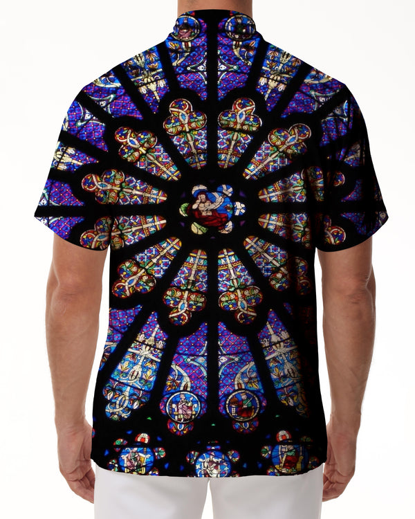 
Notre Dame de Paris Purple Glass Classic Short Sleeve Men's Short Sleeve Fashion Casual Hawaiian Button Lapel Pocket Glass Elegant Jesus
                